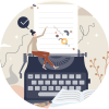 An animated person sat on a typewriter